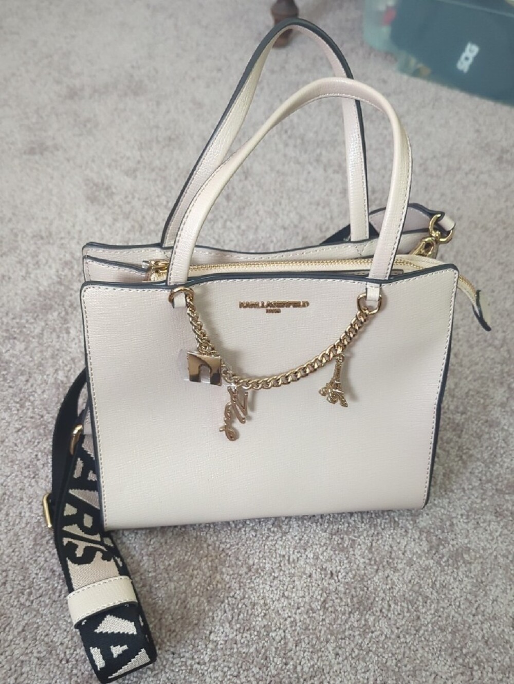 Karl Lagerfeld Pale Pink and Cream Leather Crossbody Satchel with Gold Chain